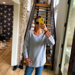 XL Hannah Gray sweater with striped detailing on cuff and down back